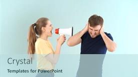  Presentation with relationship - Theme featuring young woman shouting into megaphone at man on color background problems in relationship background and a sky blue colored foreground