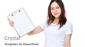  Presentation with page - Presentation theme enhanced with young woman show with blank page of clipboard background and a white colored foreground