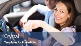  Presentation with woman car driver map - PPT theme featuring young woman showing car keys background and a ocean colored foreground