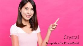  Presentation with finger point - PPT layouts featuring young woman showing finger point up background and a coral colored foreground