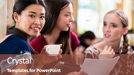  Presentation with paperwork - Cool new slide deck with young woman showing paperwork to her friends while sitting together in a coffee shop backdrop and a tawny brown colored foreground