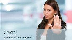  Presentation with stop - PPT layouts with young woman showing stop hand background and a sky blue colored foreground