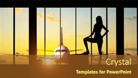  Presentation with travel concept silhouette - Cool new presentation design with young woman silhouette at airport with suitcase big passengers plane on background travel concept of air transportation backdrop and a tawny brown colored foreground