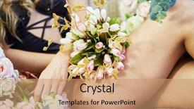  Presentation with mass - PPT theme with young woman sits on couch with bunch of flowers in hand and surrounded by mass of flowers background and a coral colored foreground