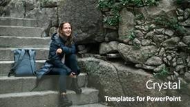  Presentation with steps - Slide deck featuring young-woman-sits background and a dark gray colored foreground