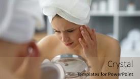  Presentation with skin health - PPT theme having young-woman-sits background and a coral colored foreground