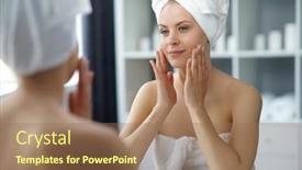  Presentation with skin health - PPT theme with young-woman-sits background and a coral colored foreground