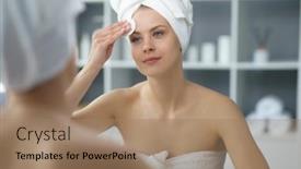  Presentation with skin health - PPT theme consisting of young-woman-sits background and a coral colored foreground