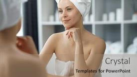  Presentation with skin health - Slide set having young-woman-sits background and a coral colored foreground