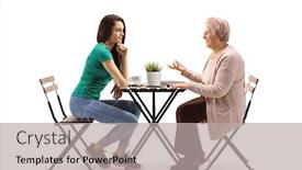  Presentation with listening woman - Audience pleasing presentation design consisting of young-woman-sitting-a-table backdrop and a light gray colored foreground