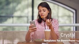  Presentation with eat - Slide deck consisting of young-woman-sitting-at-cafe background and a coral colored foreground