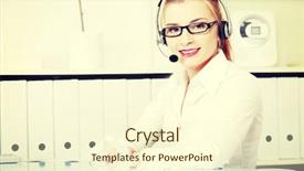  Presentation with help desk - Presentation theme featuring young woman sitting at desk in office with headphones set working in call center blond secretary receptionist in glasses and white shirt talking through microphone as help desk consultant background and a cream colored foreground