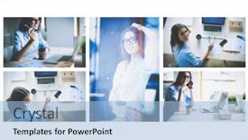  Presentation with office - Slides featuring young-woman-sitting-at-office background and a  colored foreground