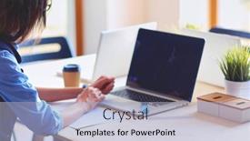  Presentation with office - Presentation theme having young-woman-sitting-at-office background and a  colored foreground