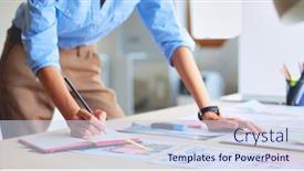  Presentation with office - PPT theme enhanced with young-woman-sitting-at-office background and a  colored foreground