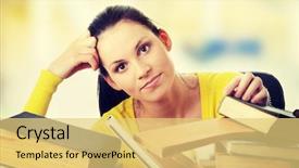  Presentation with jane austen books - PPT theme enhanced with young woman sitting behind books background and a yellow colored foreground