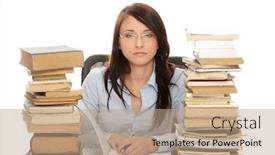  Presentation with books - Theme having young woman sitting behind books background and a coral colored foreground