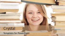  Presentation with tan book stack stacks of books - Slide deck enhanced with young woman sitting behind books background and a coral colored foreground