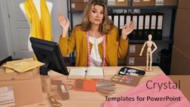  Presentation with business communication - Slide deck having young-woman-sitting-by-manikin background and a  colored foreground