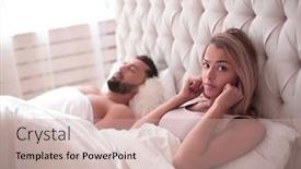  Presentation with snoring - PPT layouts with young woman sitting in bed with snoring husband background and a coral colored foreground