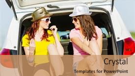  Presentation with sharing - Audience pleasing PPT theme consisting of young woman sitting in car backdrop and a coral colored foreground