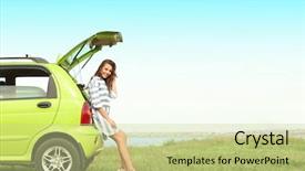  Presentation with car - Presentation theme with young woman sitting in car background and a mint green colored foreground