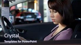  Presentation with dealership - Slide deck enhanced with young woman sitting in driver's seat at car dealership background and a wine colored foreground