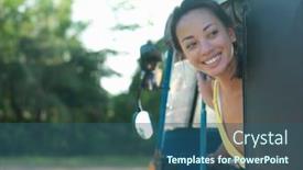  Presentation with vehicle - Beautiful presentation featuring young-woman-sitting-in-vehicle backdrop and a ocean colored foreground