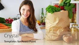  Presentation with desk - Slide deck having young woman sitting near desk in the kitchen background and a coral colored foreground