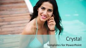  Presentation with smiling paramedic sitting in ambulance - Beautiful PPT layouts featuring young woman sitting near swiming backdrop and a  colored foreground