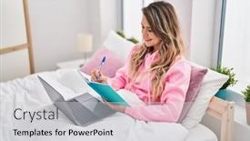  Presentation with bed - Presentation having young-woman-sitting-on-bed background and a  colored foreground