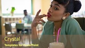  Presentation with restaurent - Cool new slide set with young-woman-sitting-on-couch backdrop and a violet colored foreground