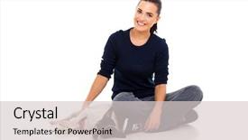  Presentation with smiling paramedic sitting in ambulance - Colorful slide set enhanced with young woman sitting on floor backdrop and a light gray colored foreground