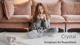  Presentation with cup coffee - Presentation design enhanced with young-woman-sitting-on-floor background and a light gray colored foreground