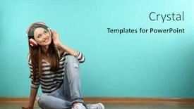  Presentation with turquoise - Beautiful PPT theme featuring young woman sitting on floor with headphones on turquoise wallpaper background backdrop and a arctic colored foreground