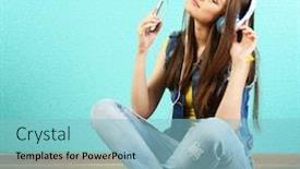  Presentation with turquoise - Colorful presentation theme enhanced with young woman sitting on floor with headphones on turquoise wallpaper background backdrop and a light blue colored foreground