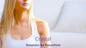  Presentation with vertical - Presentation having young woman sitting on floor with hands on knees meditating vertical shot background and a sky blue colored foreground