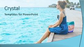  Presentation with woman in sea - Colorful slide set enhanced with powtoon - beautiful young woman sitting backdrop and a  colored foreground