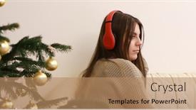  Presentation with christmas music - PPT layouts having young-woman-sitting-on-sofa background and a coral colored foreground