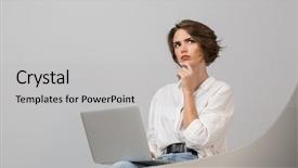  Presentation with thinking - Slide set featuring young woman sitting on stool background and a light gray colored foreground