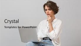  Presentation with grey computer email - PPT layouts with young woman sitting on stool background and a light gray colored foreground