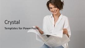  Presentation with photo - Cool new slide deck with young woman sitting on stool backdrop and a light gray colored foreground