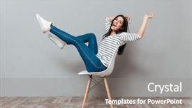  Presentation with look - Cool new PPT theme with young woman sitting on stool backdrop and a  colored foreground