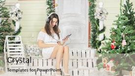  Presentation with christmas music - PPT theme enhanced with young woman sitting on threshold background and a lemonade colored foreground