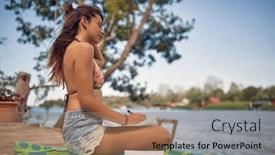  Presentation with alone - PPT theme consisting of young-woman-sitting-on-wooden background and a coral colored foreground