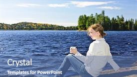  Presentation with beverage - Audience pleasing slide set consisting of young woman sitting with beverage on rock relaxing by beautiful lake in algonquin park canada backdrop and a ocean colored foreground