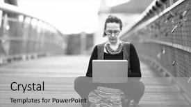  Presentation with pedestrian bridge - Presentation consisting of young woman sitting with laptop on the pedestrian bridge black and white photography background and a light gray colored foreground