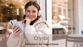  Presentation with coffee music - Slides having young-woman-sitting background and a coral colored foreground