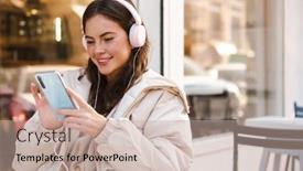  Presentation with coffee music - PPT layouts featuring young-woman-sitting background and a mint green colored foreground