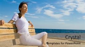  Presentation with sea - PPT layouts featuring young woman sitting on a bench near a sea background and a coral colored foreground
